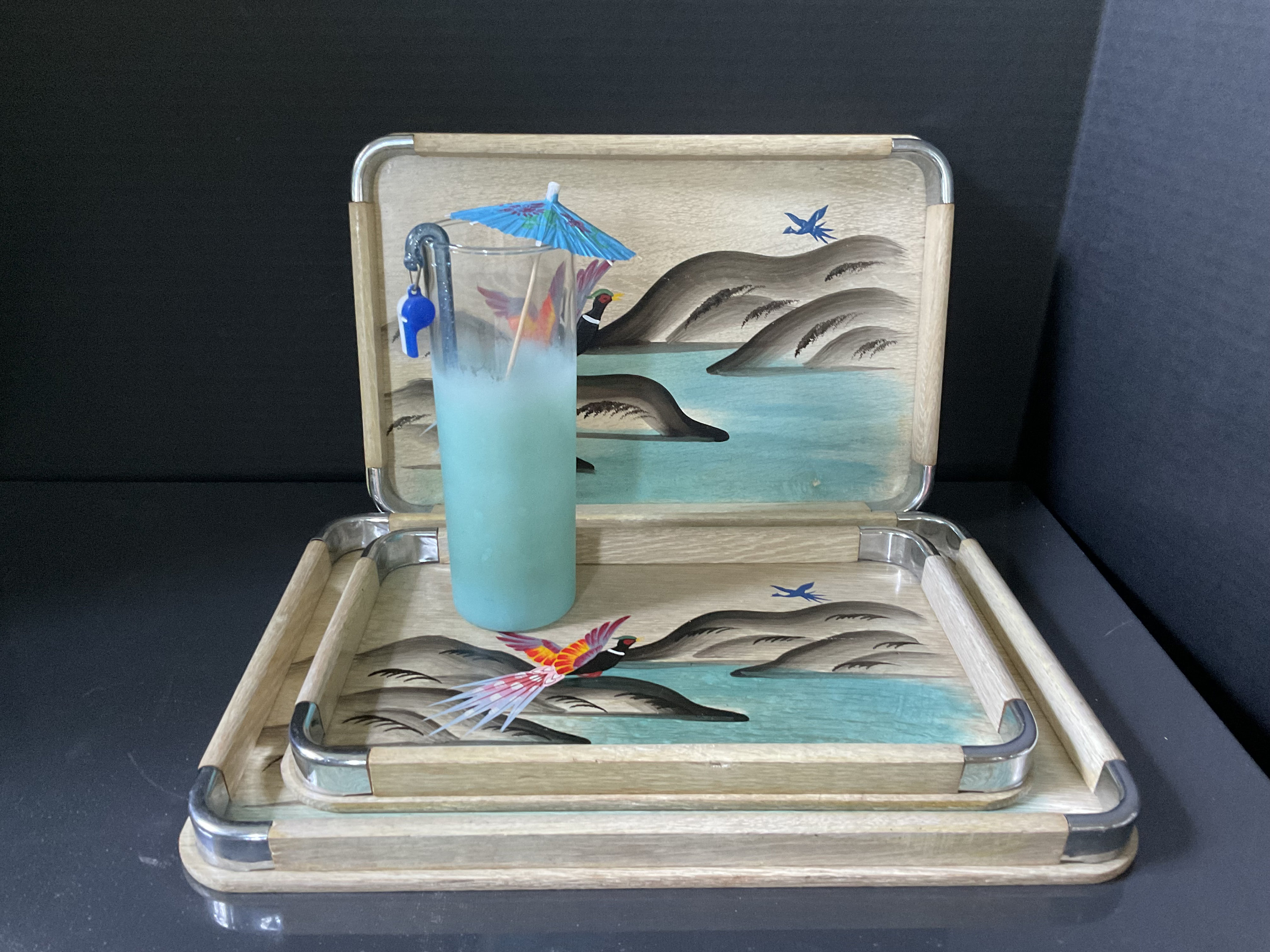 Vintage MCM 1960's Set of 3 Hand Painted Wood Nesting