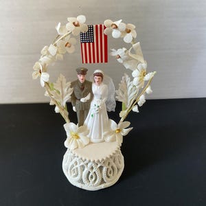 Vintage 1950 Rare Wedding Cake Topper Bride and Soldier Groom with an American Flag