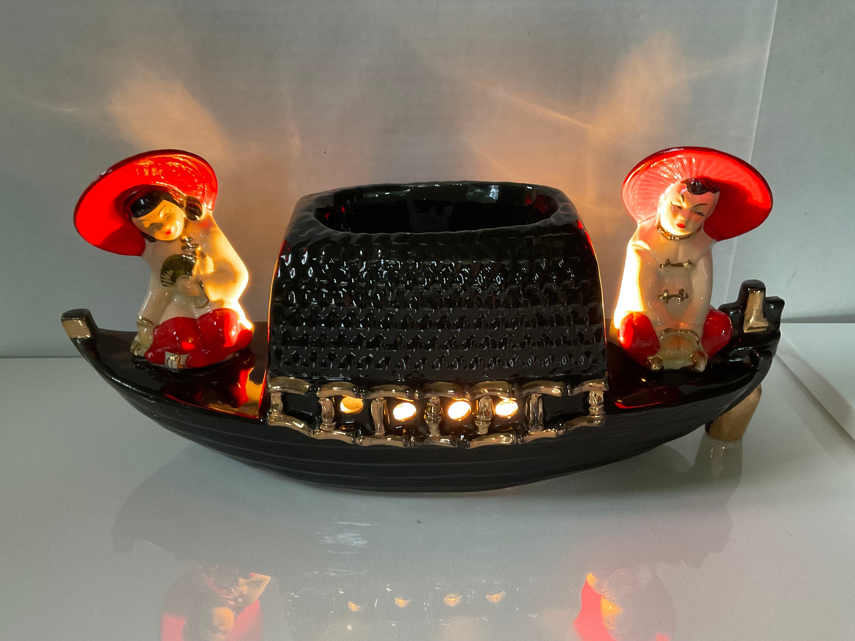 Vintage Mid Century 1950’s Oriental Style Ceramic Asian Boat TV Table Lamp Planter with Asian Couple
