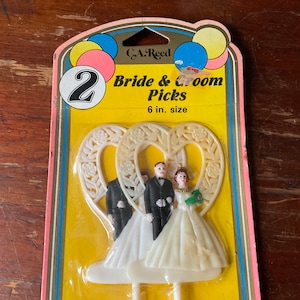 Vintage 1960’s Plastic Collectible Wedding Bride and Groom Cake Topper Picks 2 Packs of Two