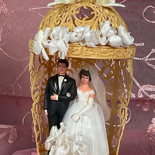 Vintage 1960’s Wedding Cake Topper Bride and Groom Standing in an Ornate Gazrbo
