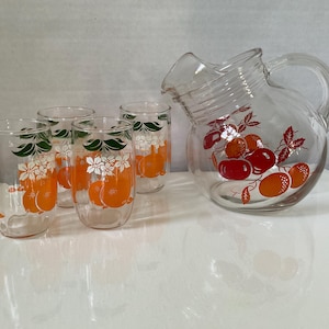 Vintage 1950’s Small Glass Orange Juice Pitcher Tilted Ball Design and 4 Juice Glasses Decorated with Oranges