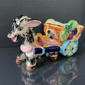 Vintage Large Colorful 1950’s Ceramic Donkey Cart, Planter Made in Japan