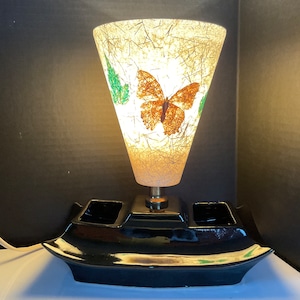 Vintage Mid Century 1960’s Ceramic Base and Fiberglass Cone Shaped Shade Vanity, Desk Lamp Black and White Butterfly Motif