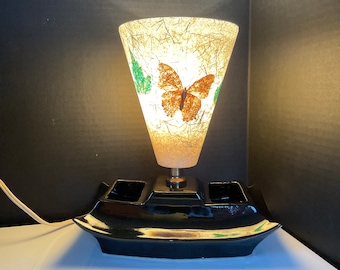 Vintage Mid Century 1960’s Ceramic Base and Fiberglass Cone Shaped Shade Vanity, Desk Lamp Black and White Butterfly Motif