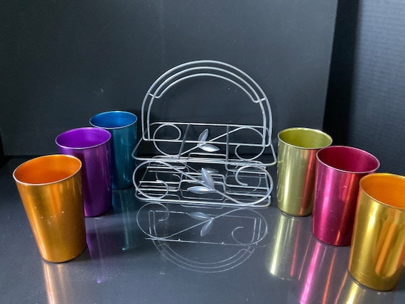 Mid Century 1960's Colorful Collection of Aluminum Bascal Drinking Tumblers  and Aluminum Holder - Etsy