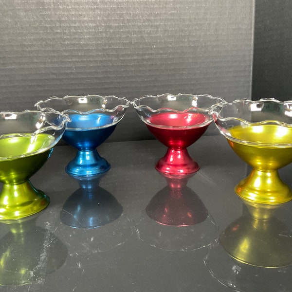 Vintage MCM 1950’s  Aluminum Ware and Glass Colorful Dessert Cups Set of 4 Blue, Green, Yellow, and Red
