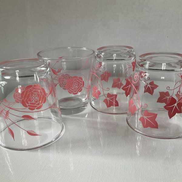 Vintage Mid Century Set of 4 Hazel Atlas Pink Flowers and Leaves 1/2 Pint Collectible Sour Cream Glasses