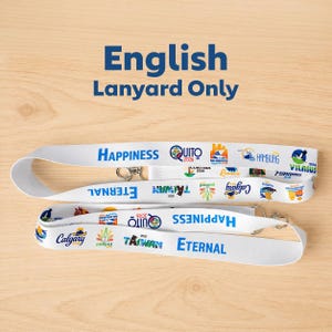 May include: Two white lanyards featuring blue text that reads Happiness and Eternal, interspersed with various colorful city and country logos including Quito 2026, Milwaukee, Hamburg, Vilnius 2026, Calgary, Poland, and Taiwan 2026, each with a metal clasp.