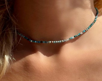 Gemstone choker necklace, apatite pearl necklace, turquoise surf necklace, boho choker, gemstone necklace, apatite jewelry, surfer necklace, petrol necklace