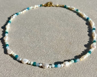 Apatite choker with freshwater pearl necklace Apatite necklace gemstone and freshwater pearl necklace Apatite pearl necklace Surf necklace Gemstone necklace