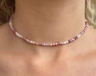 Gemstone choker, pearl necklace, gemstone necklace, rose quartz necklace, tourmaline necklace, colorful gemstone necklace, sunstone choker, natural stone necklace