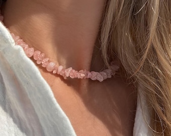 Rose quartz necklace gemstone necklace rose quartz chip necklace rose quartz necklace choker pearl necklace gemstone necklace pink necklace crystal