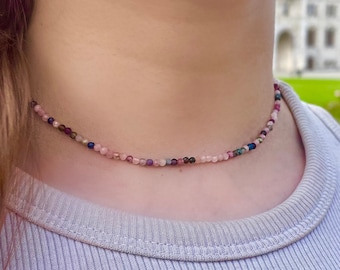 Turmalin Choker Edelstein Kette Turmalin Halskette Bunt Edelsteinkette bunt Choker Turmalin Kette Perlen Bunte Perlenkette Edelstein Rosa