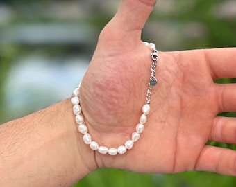 Süßwasserperlen Armband Herren Perlen Armband Herren Perlenarmband echte natürliche Perlen hochwertiges Armband weiß für Männer Geschenkidee