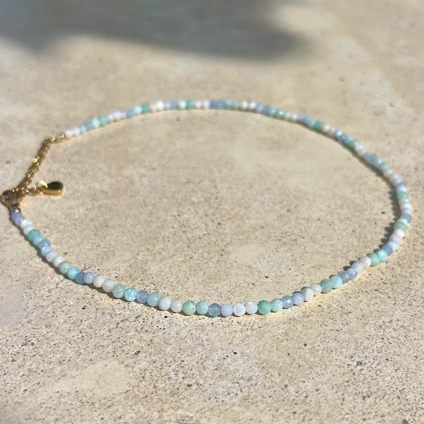 Perlen Choker Kette Edelstein Perlenkette türkis Kette Aquamarin Choker Boho Kette Surfer Halskette Mint Choker Edelsteinkette blau weiß