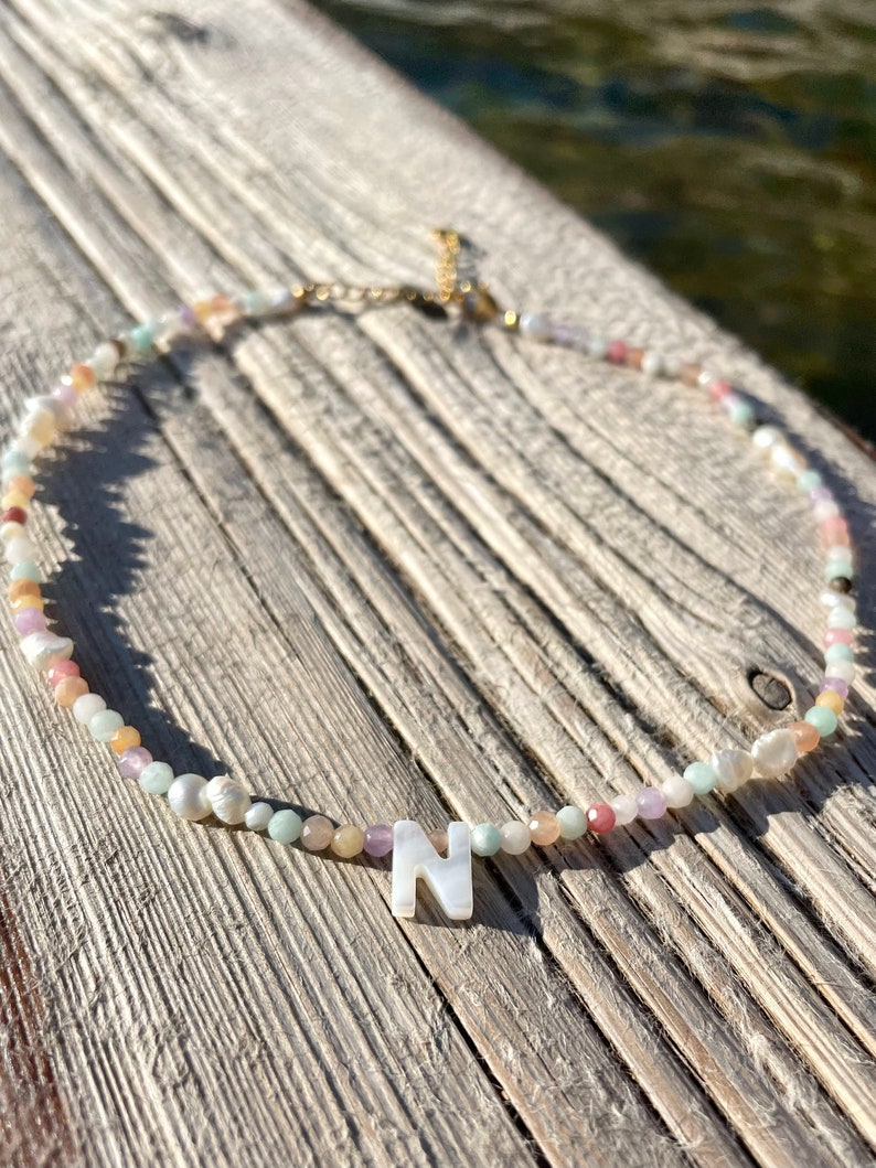 Colorful gemstone pearl necklace letter necklace pastel choker gemstone necklace letter colorful pearl necklace initials necklace freshwater pearls image 7