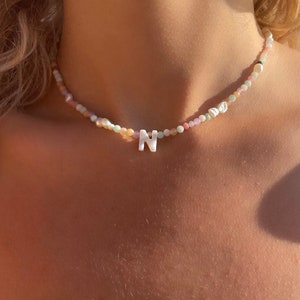 Colorful gemstone pearl necklace letter necklace pastel choker gemstone necklace letter colorful pearl necklace initials necklace freshwater pearls image 5