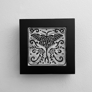 Luna moth and flowers Linocut print gothic dark art