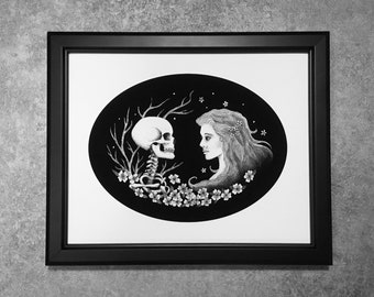 Skeleton skull and dogwood flowers death positive gothic dark art macabre print