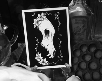 Wolf skull and flowers mini print dark art gothic art