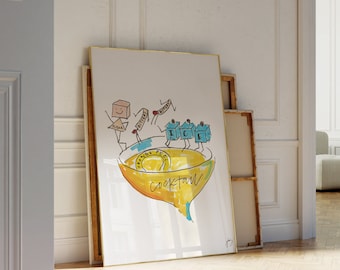 Cocktail Pool Art / Vintage Bar Cart Cocktail Poster Print, Decor, Hand-Illustrated / Minimalist, Trendy, Retro / Apartment, Room Decor