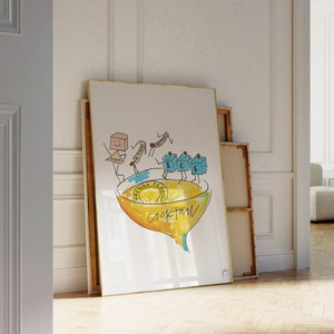 Arte de la piscina de cócteles / Vintage Bar Cart Cocktail Poster Print, Decoración, Ilustrado a mano / Minimalista, De moda, Retro / Apartamento, Decoración de la habitación