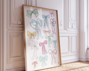 A Wall Full of Bows / Vintage Ribbon Poster Wall Print, Hand-Illustrated / Minimalist, Trendy / Apartment, Room Decor / Coquette Preppy