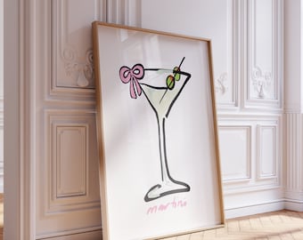 Martini Glass with Ribbon Bow / Vintage Bar Cart Cocktail Poster Wall Print, Hand-Illustrated / Minimalist, Trendy / Apartment Coquette
