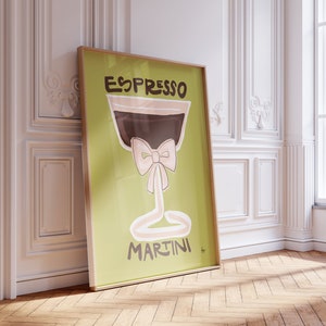 Espresso Martiniglas met strik / Vintage Bar Cart Cocktail Poster Wall Print / Minimalistisch, Trendy / Appartement Coquette