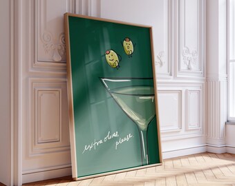 Extra Olives Martini Art / Vintage Bar Cart Cocktail Poster Print, Original, Hand-Illustrated / Minimalist, Trendy, Retro / Apartment Decor