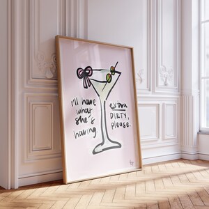 Martiniglas met strik / Vintage Bar Cart Cocktail Poster Wall Print, Hand-geïllustreerd / Minimalistisch, Trendy / Appartement, Kamerdecoratie