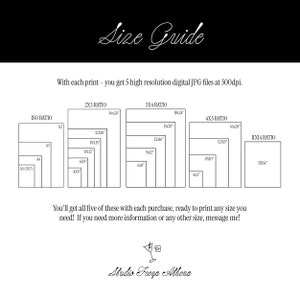 May include: A black and white graphic showing different print sizes for digital downloads. The sizes are listed in inches and include ISO, 2x3, 3x4, 4x5, and 11x14 ratios. The text "Size Guide" is at the top of the graphic. The text "With each print - you get 5 high resolution digital JPG files at 300dpi." is below the title. The text "You'll get all five of these with each purchase, ready to print any size you need! If you need more information or any other size, message me!" is at the bottom of the graphic. The text "Studio Feeya Athena" is at the bottom of the graphic.