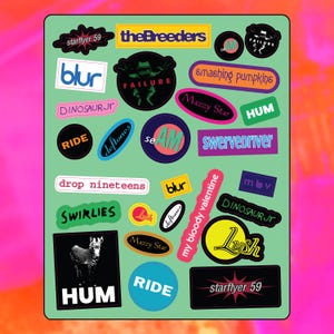 Hoja de calcomanías n.° 1, Shoegaze de rock de los 90, calcomanías para teléfono/mini, Starflyer 59, My Bloody Valentine, Lush, Deftones, Hum, Mazzy, Star Blur, Smashing Pumpkins imagen 1