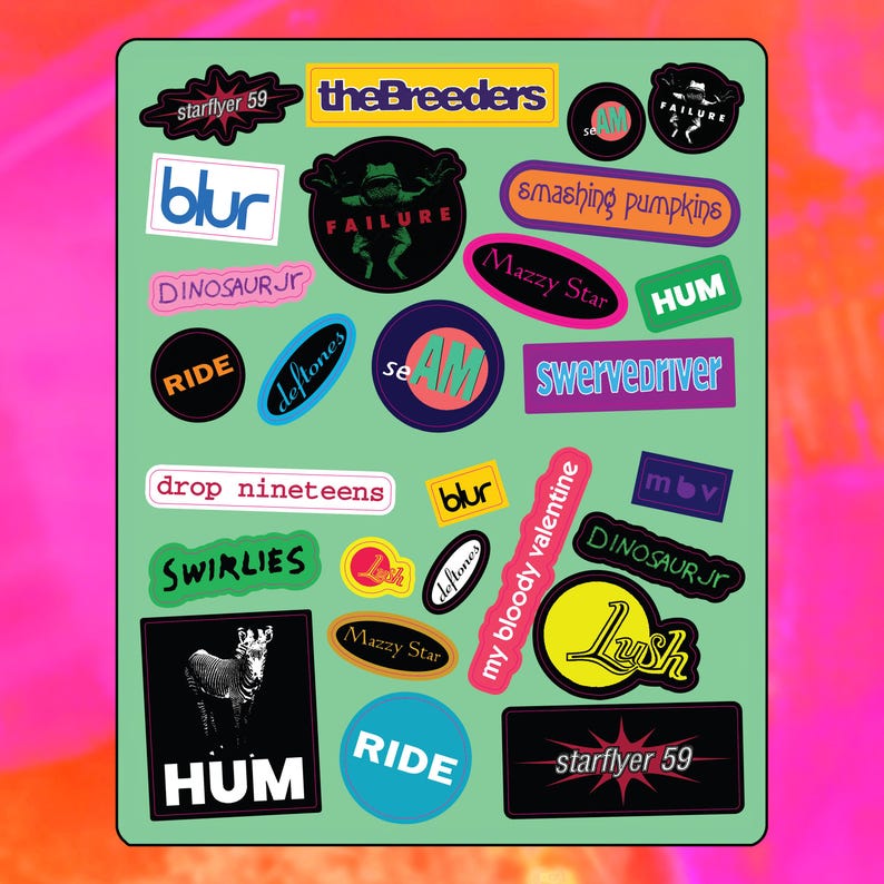 Hoja de calcomanías n.° 1, Shoegaze de rock de los 90, calcomanías para teléfono/mini, Starflyer 59, My Bloody Valentine, Lush, Deftones, Hum, Mazzy, Star Blur, Smashing Pumpkins imagen 1