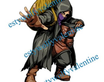 Puede incluir: Una ilustración de dibujos animados de una figura encapuchada que lleva una capa oscura y lleva un saco sobre su hombro. La figura lleva una máscara morada y tiene una expresión decidida en su rostro.