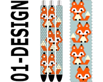 May include: Three pens with a repeating pattern of orange, white, and black dots, and a light blue background. The pens are next to a light blue strip with orange fox illustrations. The text "01-DESIGN" is on the left.