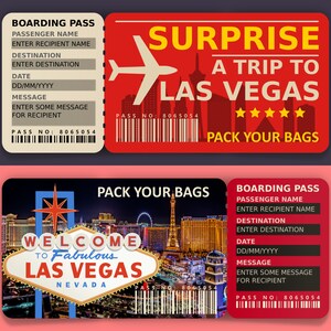 Tarjeta de embarque de Las Vegas, boletos de regalo sorpresa para viaje a Las Vegas, boleto de vacaciones, boleto sorpresa para anuncio, PDF editable e imprimible