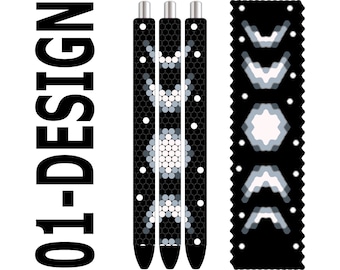 May include: Three pens with black barrels and silver tips, featuring a geometric pattern of white and gray dots. A black and white patterned fabric swatch is also shown, with the text "01-DESIGN" in large, vertical letters.