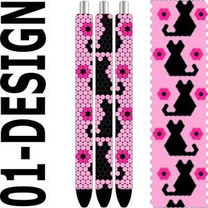 Pode incluir: Três canetas com desenhos estampados em rosa e preto. As canetas têm um padrão repetitivo de círculos rosa e hexágonos pretos. Um desenho de gato rosa e preto também é mostrado. O texto "01-DESIGN" está no lado esquerdo.
