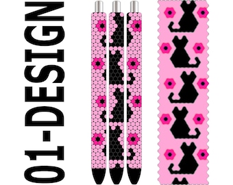 May include: Three pens with pink and black patterned designs. The pens have a repeating pattern of pink circles and black hexagons. A pink and black cat design is also shown. The text "01-DESIGN" is on the left side.