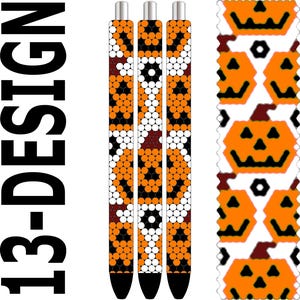 May include: Three pens with black tips and silver accents. The pen barrels feature a repeating pattern of orange, white, and dark brown dots. A separate design shows a repeating pattern of orange jack-o'-lanterns on a white background. The text "13-DESIGN" is on the left.