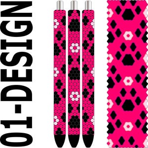 Könnte beinhalten: Drei Stifte mit einem leuchtend pinken, schwarzen und weißen geometrischen Muster. Das Design zeigt ein sich wiederholendes Muster aus Sechsecken und blütenartigen Formen. Der Text "01-DESIGN" befindet sich auf der linken Seite des Bildes.