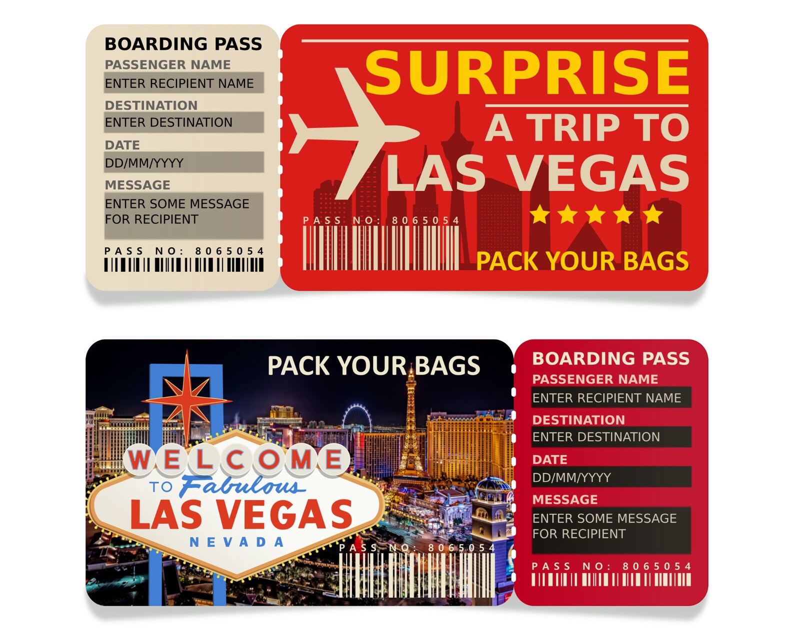 Las Vegas Boarding Pass, Las Vegas Surprise Trip Gift Reveal Tickets