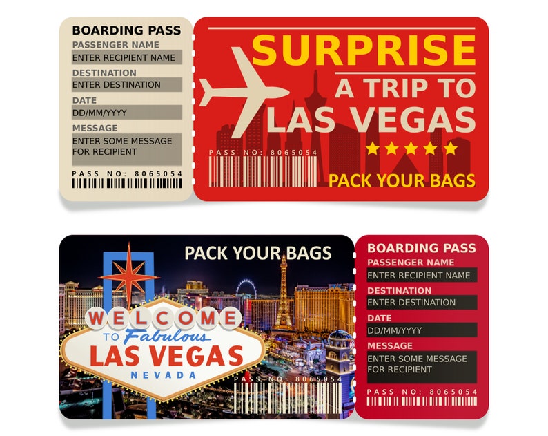 Las Vegas Boarding Pass, Las Vegas Surprise Trip Gift Reveal Tickets