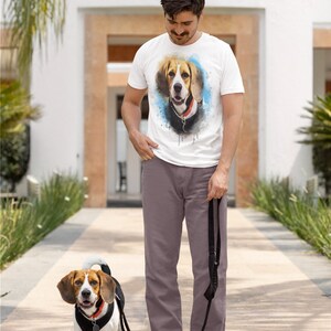 a water color portrait of an American Eagle Dog
Man wearing a custom pet t-shirt of an American Eagle Dog
man wearing a personalized custom pet t-shirt of an American Eagle Dog.
Man going for a walk with his American Eagledog wearing a custom pet Tee