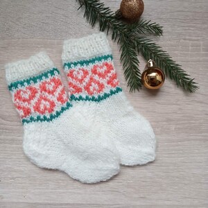 Knitted White winter socks with hearts for 6 9 month old girl image 7