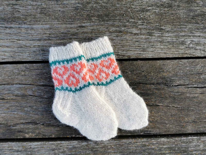 Knitted White winter socks with hearts for 6 9 month old girl image 6