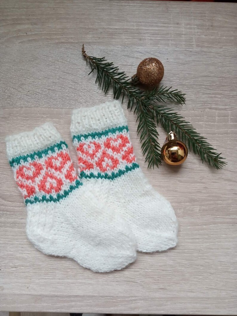 Knitted White winter socks with hearts for 6 9 month old girl image 7