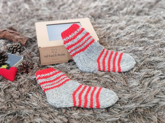 Knitted Grey Socks With Red Stripes for 2-3 Age | Etsy